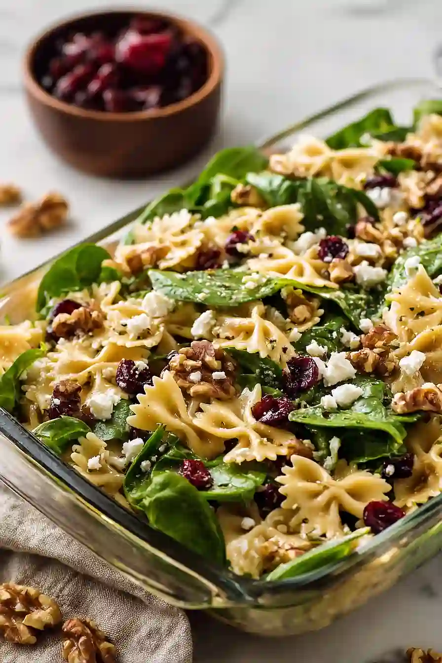spinach pasta salad with cranberries and feta cheese