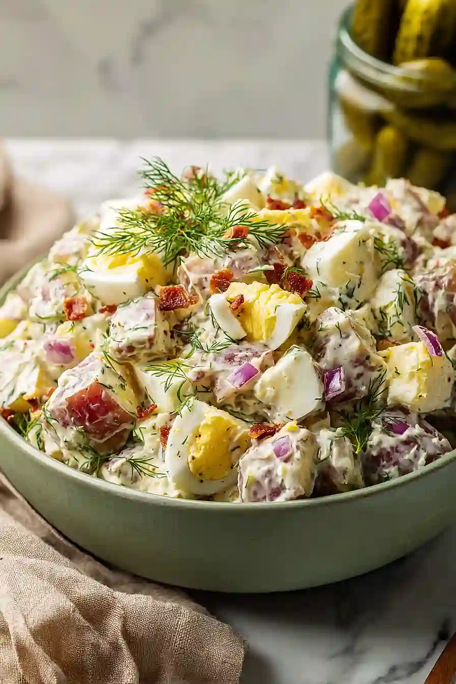 potato salad with egg, pickles and bacon