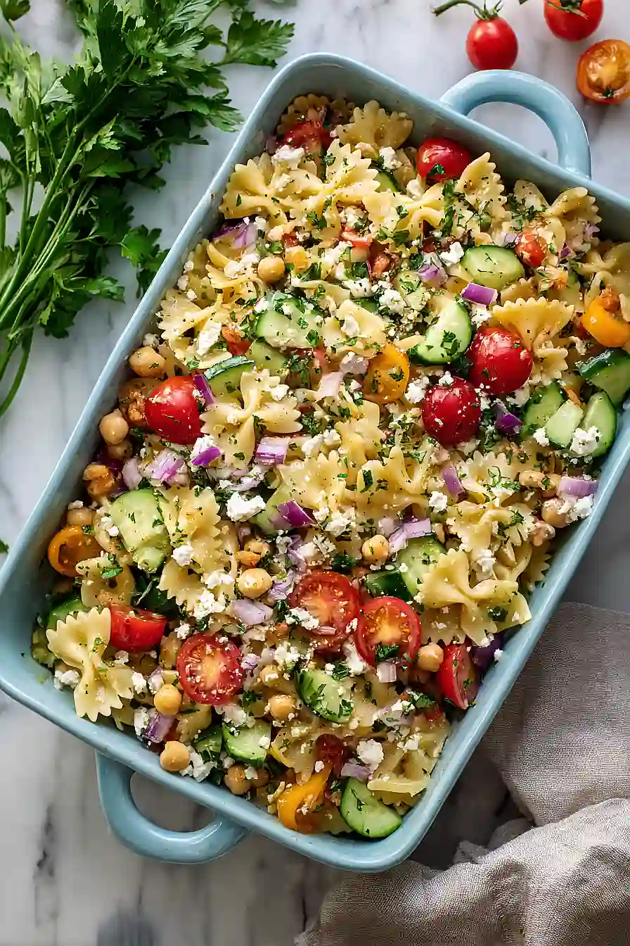cucumber, feta, and tomato pasta salad