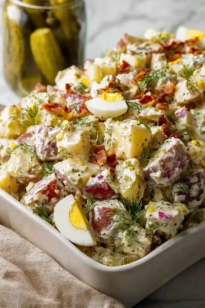 potato salad with egg, pickles and bacon
