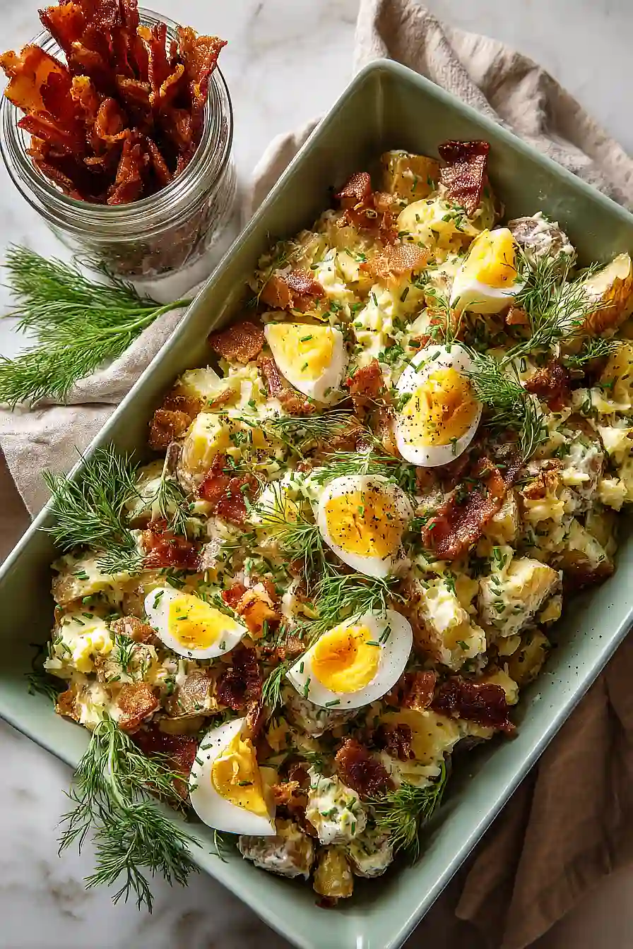 candied bacon and egg smashed potato salad