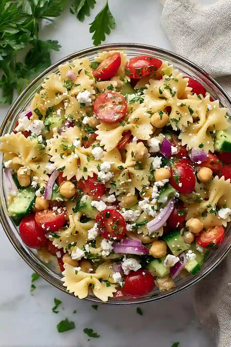 cucumber, feta, and tomato pasta salad