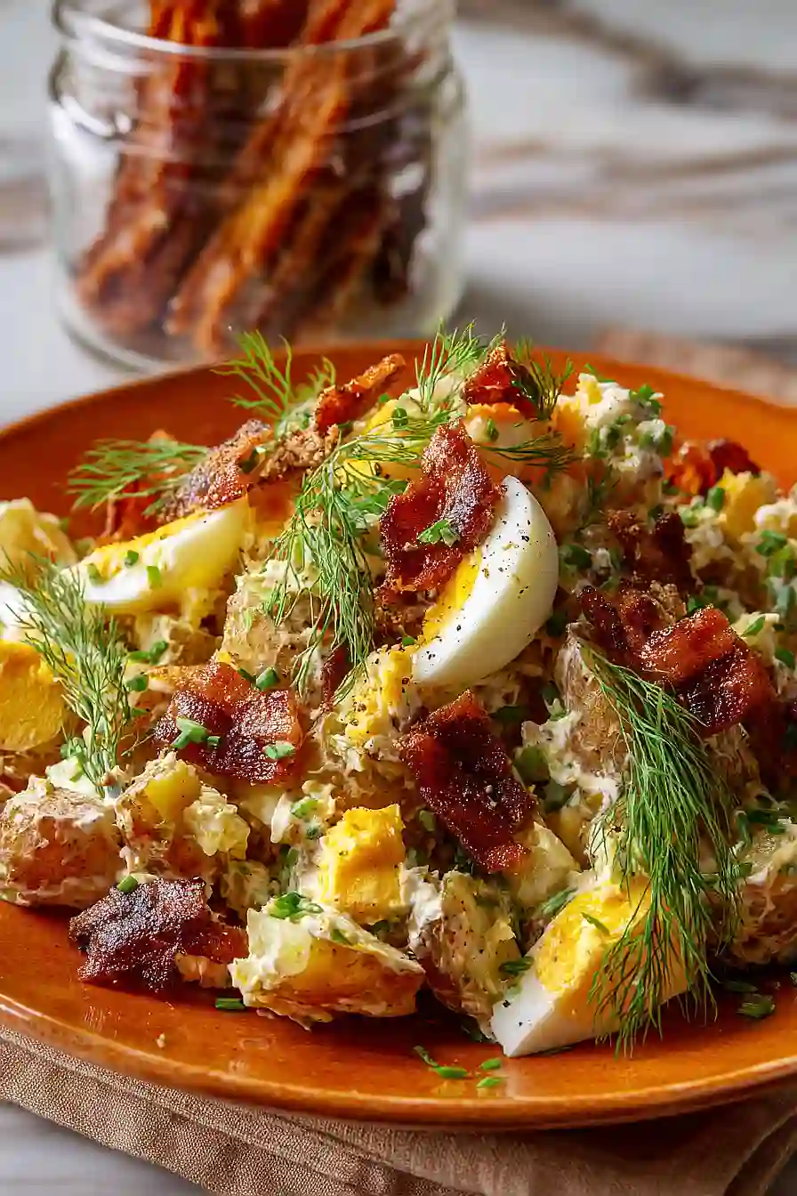 candied bacon and egg smashed potato salad